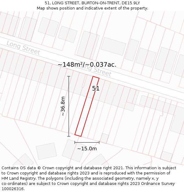 51, LONG STREET, BURTON-ON-TRENT, DE15 9LY: Plot and title map