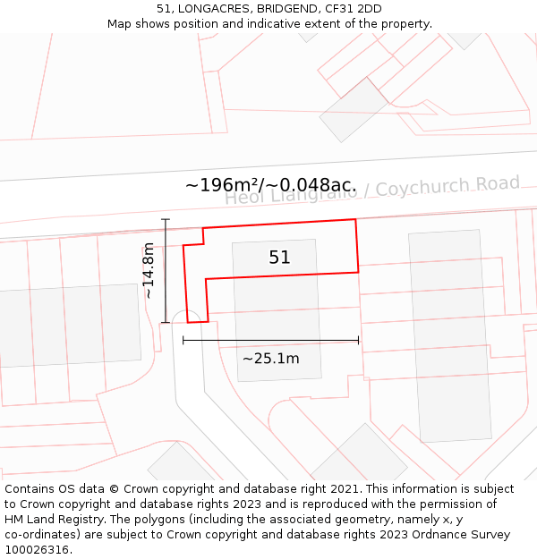 51, LONGACRES, BRIDGEND, CF31 2DD: Plot and title map