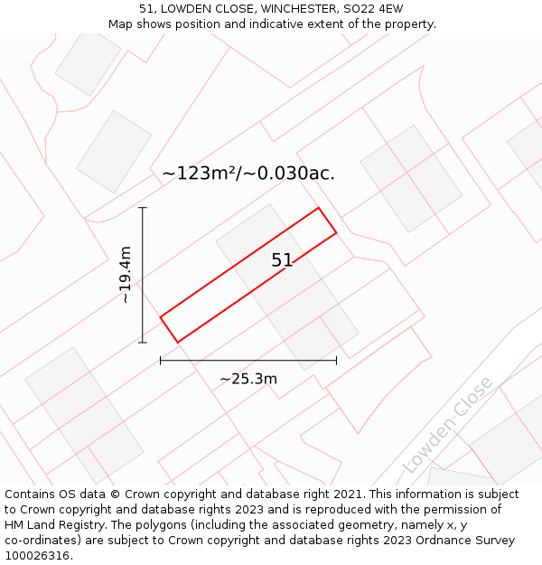 51, LOWDEN CLOSE, WINCHESTER, SO22 4EW: Plot and title map