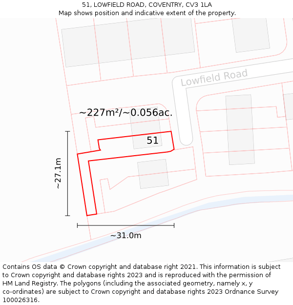 51, LOWFIELD ROAD, COVENTRY, CV3 1LA: Plot and title map