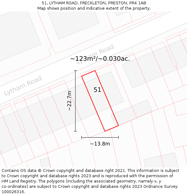51, LYTHAM ROAD, FRECKLETON, PRESTON, PR4 1AB: Plot and title map