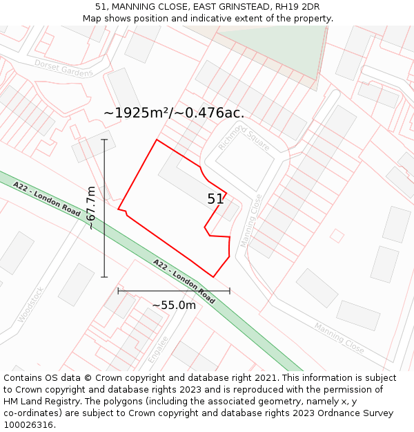 51, MANNING CLOSE, EAST GRINSTEAD, RH19 2DR: Plot and title map