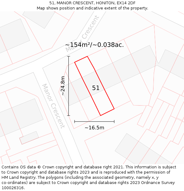 51, MANOR CRESCENT, HONITON, EX14 2DF: Plot and title map