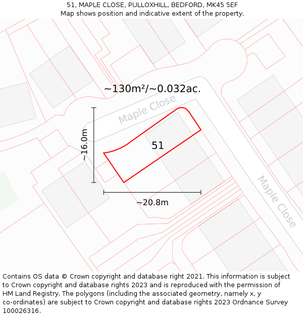 51, MAPLE CLOSE, PULLOXHILL, BEDFORD, MK45 5EF: Plot and title map