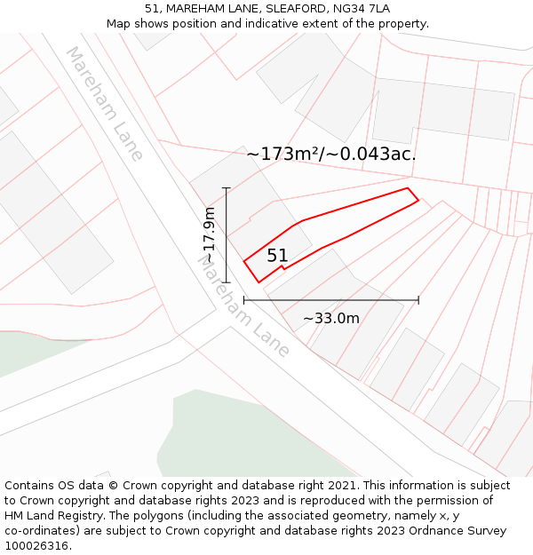 51, MAREHAM LANE, SLEAFORD, NG34 7LA: Plot and title map