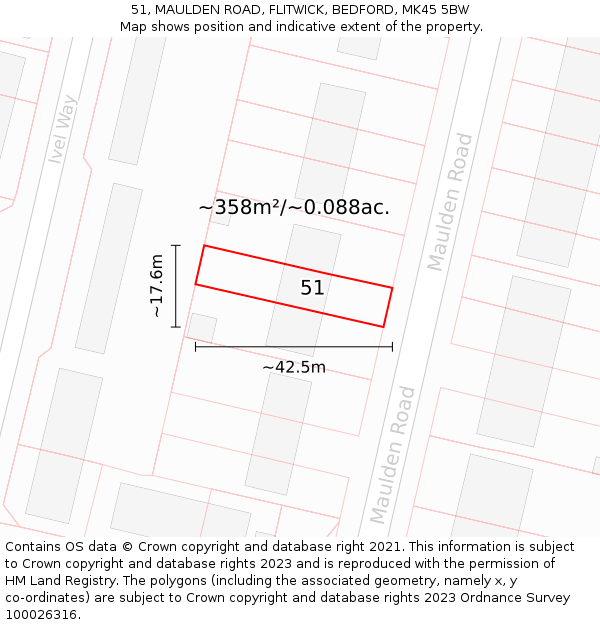 51, MAULDEN ROAD, FLITWICK, BEDFORD, MK45 5BW: Plot and title map