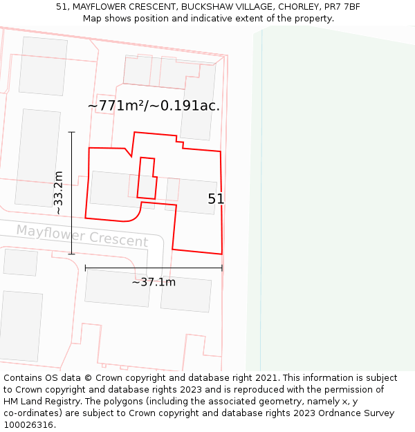 51, MAYFLOWER CRESCENT, BUCKSHAW VILLAGE, CHORLEY, PR7 7BF: Plot and title map