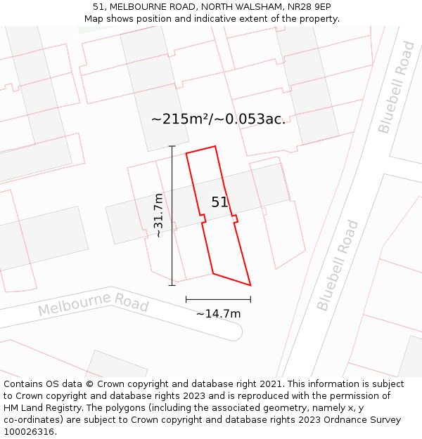 51, MELBOURNE ROAD, NORTH WALSHAM, NR28 9EP: Plot and title map
