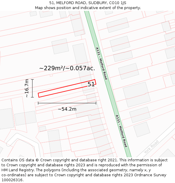 51, MELFORD ROAD, SUDBURY, CO10 1JS: Plot and title map