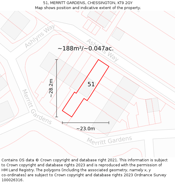 51, MERRITT GARDENS, CHESSINGTON, KT9 2GY: Plot and title map