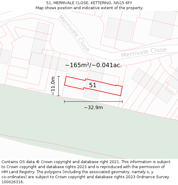 51, MERRIVALE CLOSE, KETTERING, NN15 6FY: Plot and title map