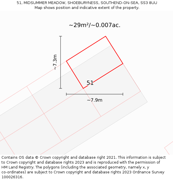 51, MIDSUMMER MEADOW, SHOEBURYNESS, SOUTHEND-ON-SEA, SS3 8UU: Plot and title map