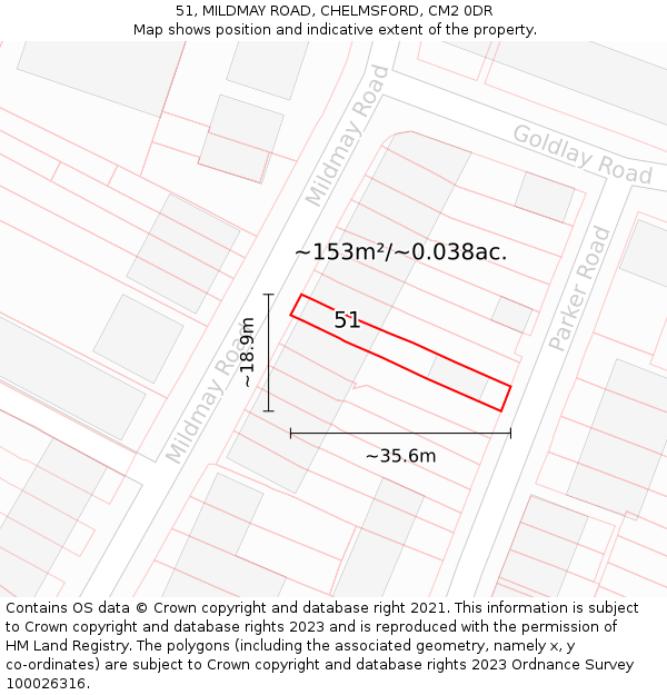 51, MILDMAY ROAD, CHELMSFORD, CM2 0DR: Plot and title map