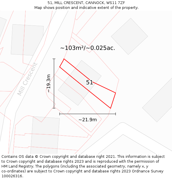 51, MILL CRESCENT, CANNOCK, WS11 7ZF: Plot and title map