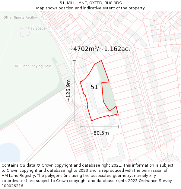 51, MILL LANE, OXTED, RH8 9DS: Plot and title map