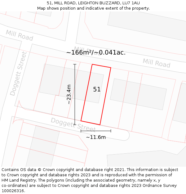 51, MILL ROAD, LEIGHTON BUZZARD, LU7 1AU: Plot and title map