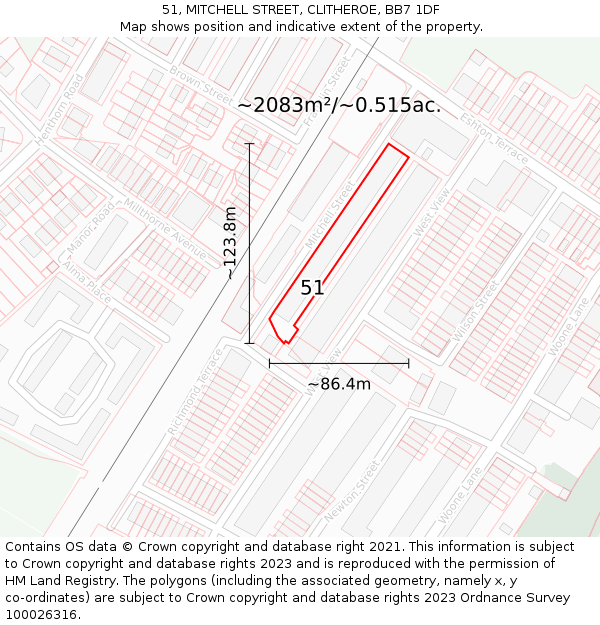 51, MITCHELL STREET, CLITHEROE, BB7 1DF: Plot and title map