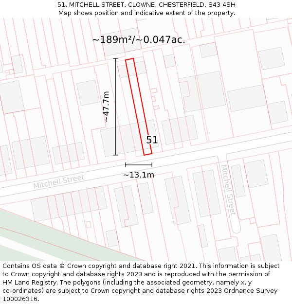 51, MITCHELL STREET, CLOWNE, CHESTERFIELD, S43 4SH: Plot and title map