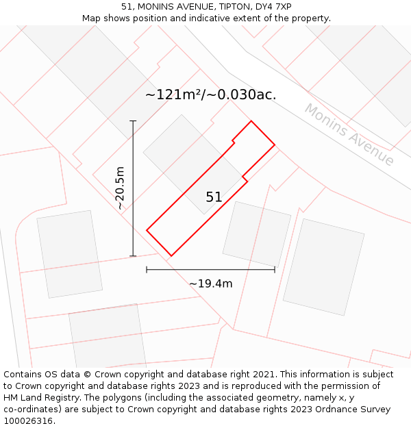 51, MONINS AVENUE, TIPTON, DY4 7XP: Plot and title map