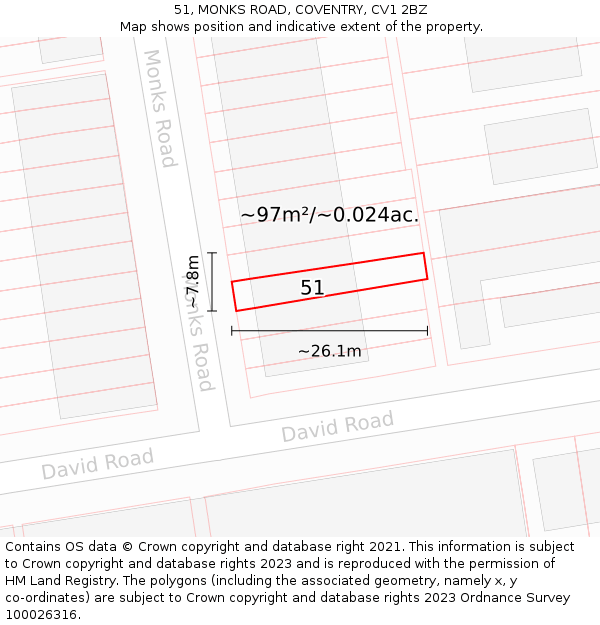 51, MONKS ROAD, COVENTRY, CV1 2BZ: Plot and title map