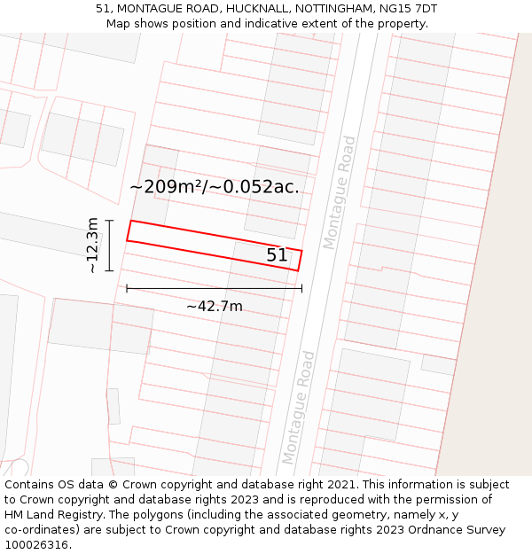 51, MONTAGUE ROAD, HUCKNALL, NOTTINGHAM, NG15 7DT: Plot and title map