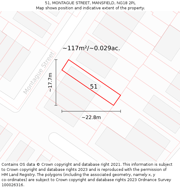 51, MONTAGUE STREET, MANSFIELD, NG18 2PL: Plot and title map