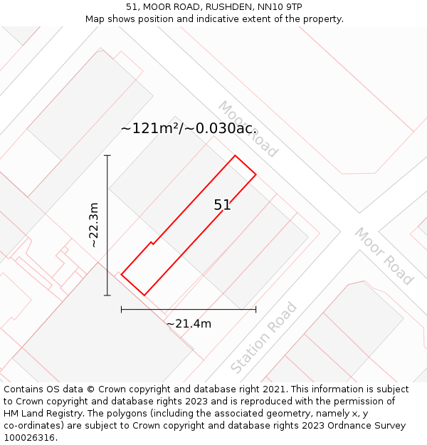 51, MOOR ROAD, RUSHDEN, NN10 9TP: Plot and title map