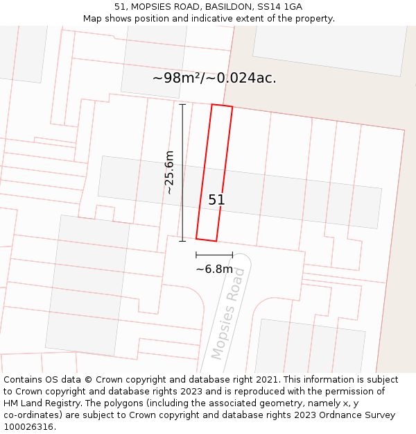 51, MOPSIES ROAD, BASILDON, SS14 1GA: Plot and title map
