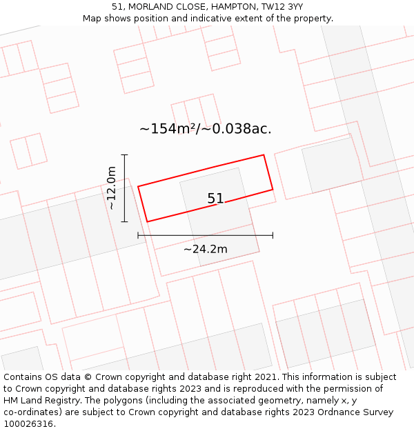 51, MORLAND CLOSE, HAMPTON, TW12 3YY: Plot and title map