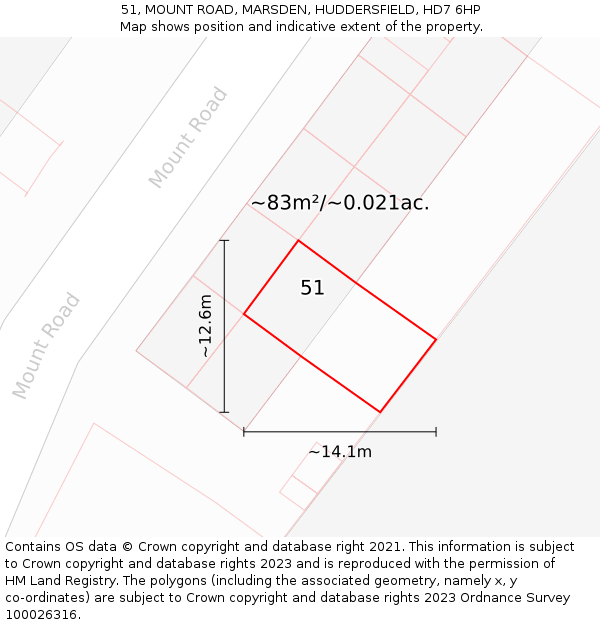 51, MOUNT ROAD, MARSDEN, HUDDERSFIELD, HD7 6HP: Plot and title map