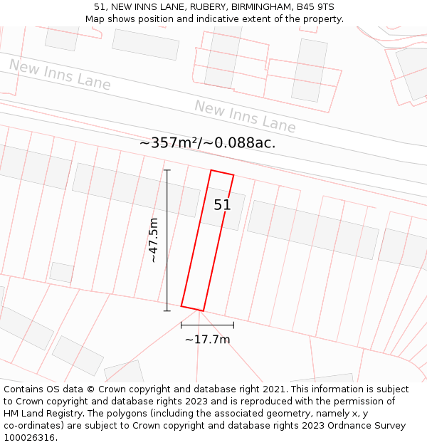 51, NEW INNS LANE, RUBERY, BIRMINGHAM, B45 9TS: Plot and title map
