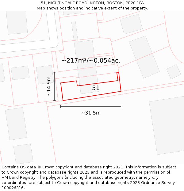 51, NIGHTINGALE ROAD, KIRTON, BOSTON, PE20 1FA: Plot and title map