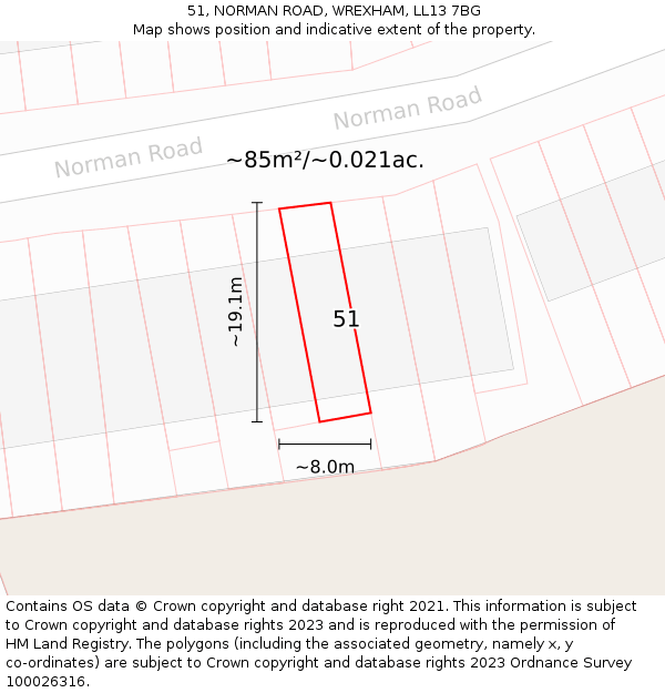 51, NORMAN ROAD, WREXHAM, LL13 7BG: Plot and title map