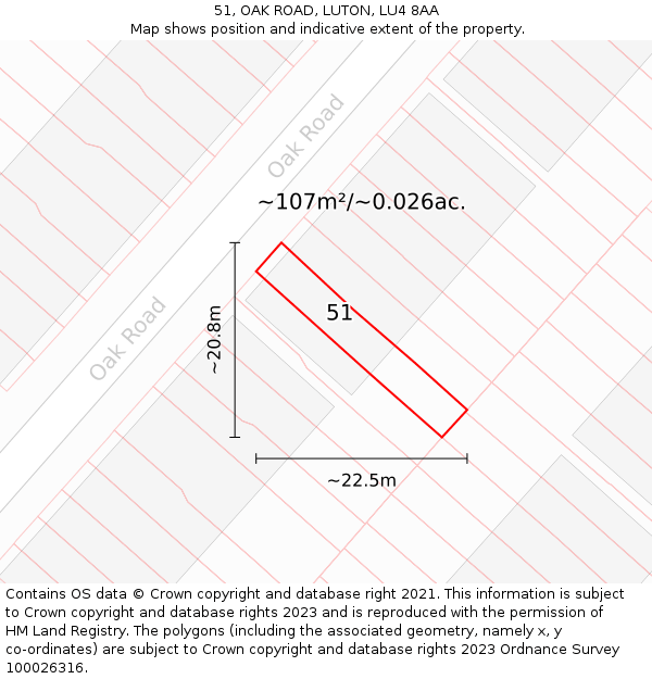 51, OAK ROAD, LUTON, LU4 8AA: Plot and title map