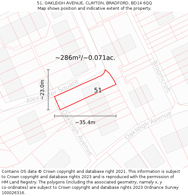 51, OAKLEIGH AVENUE, CLAYTON, BRADFORD, BD14 6QQ: Plot and title map