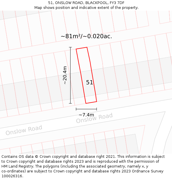 51, ONSLOW ROAD, BLACKPOOL, FY3 7DF: Plot and title map
