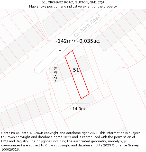 51, ORCHARD ROAD, SUTTON, SM1 2QA: Plot and title map