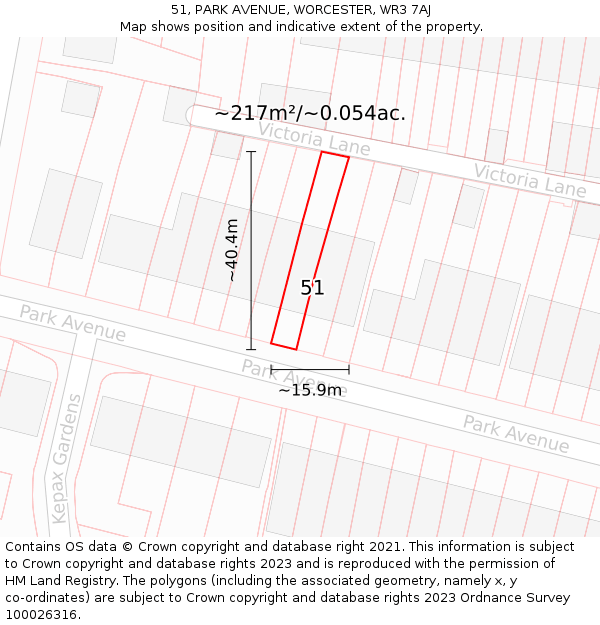 51, PARK AVENUE, WORCESTER, WR3 7AJ: Plot and title map