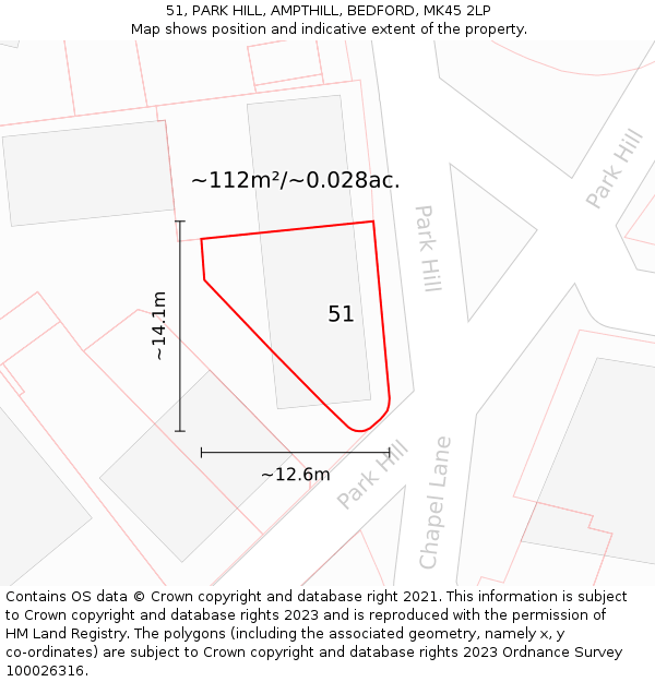 51, PARK HILL, AMPTHILL, BEDFORD, MK45 2LP: Plot and title map
