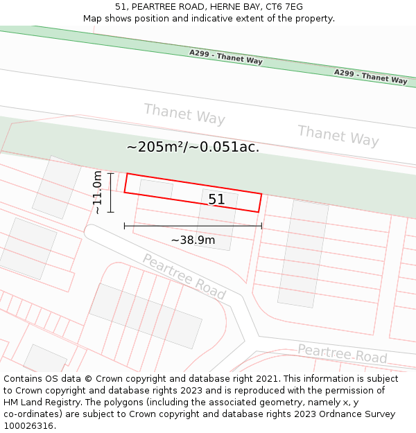 51, PEARTREE ROAD, HERNE BAY, CT6 7EG: Plot and title map