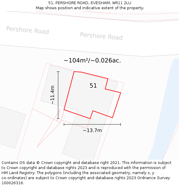 51, PERSHORE ROAD, EVESHAM, WR11 2LU: Plot and title map
