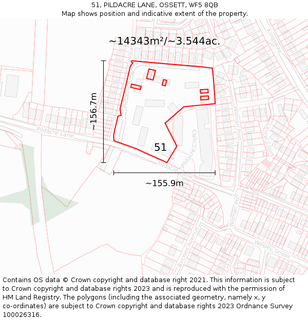 51, PILDACRE LANE, OSSETT, WF5 8QB: Plot and title map