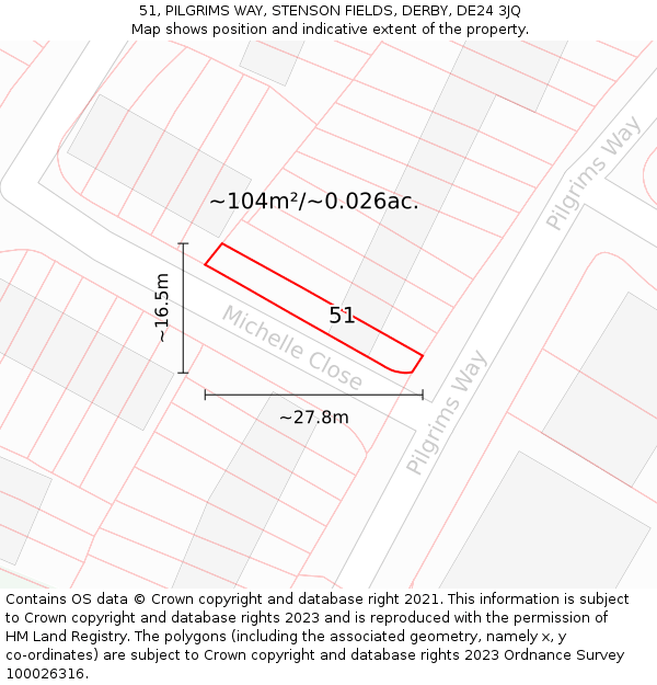 51, PILGRIMS WAY, STENSON FIELDS, DERBY, DE24 3JQ: Plot and title map