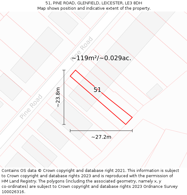 51, PINE ROAD, GLENFIELD, LEICESTER, LE3 8DH: Plot and title map