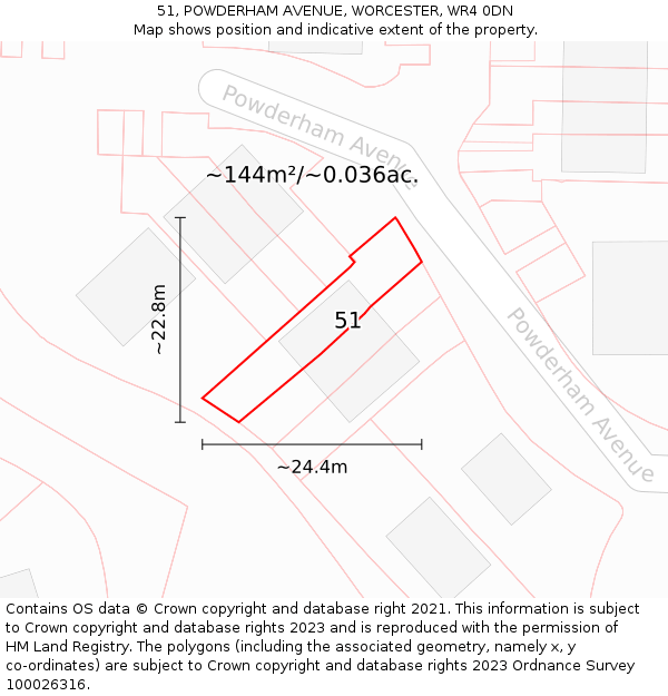 51, POWDERHAM AVENUE, WORCESTER, WR4 0DN: Plot and title map
