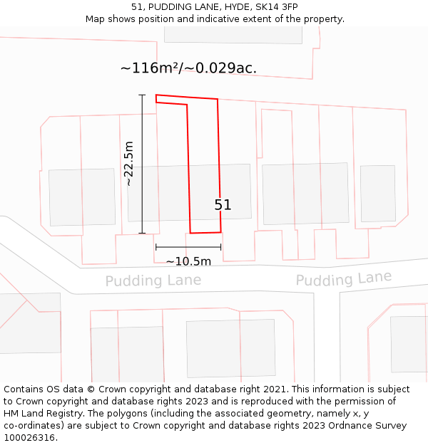 51, PUDDING LANE, HYDE, SK14 3FP: Plot and title map