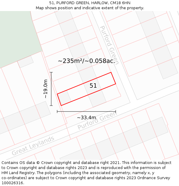 51, PURFORD GREEN, HARLOW, CM18 6HN: Plot and title map