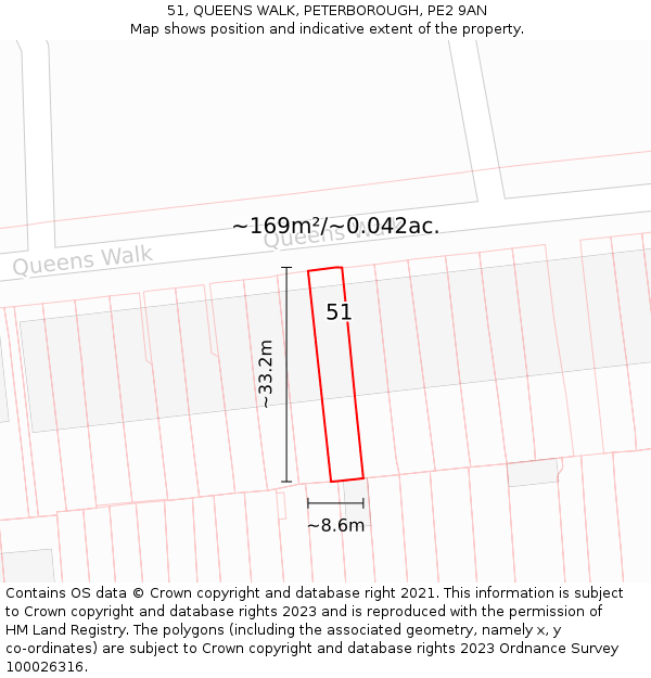 51, QUEENS WALK, PETERBOROUGH, PE2 9AN: Plot and title map