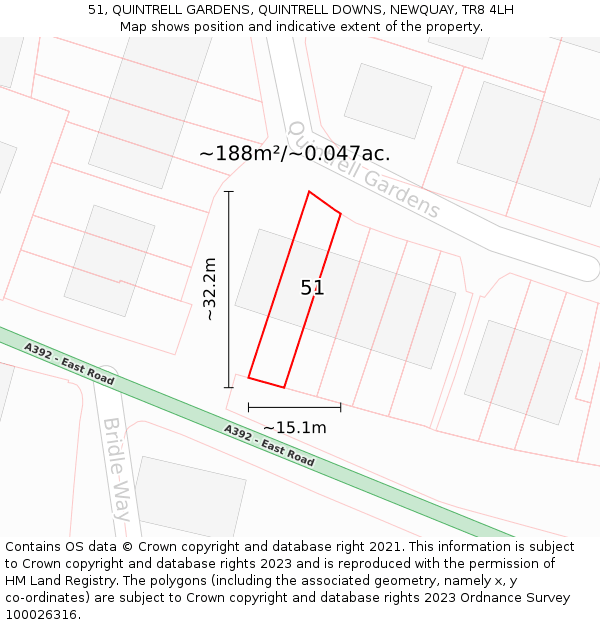 51, QUINTRELL GARDENS, QUINTRELL DOWNS, NEWQUAY, TR8 4LH: Plot and title map