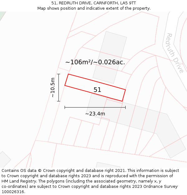 51, REDRUTH DRIVE, CARNFORTH, LA5 9TT: Plot and title map